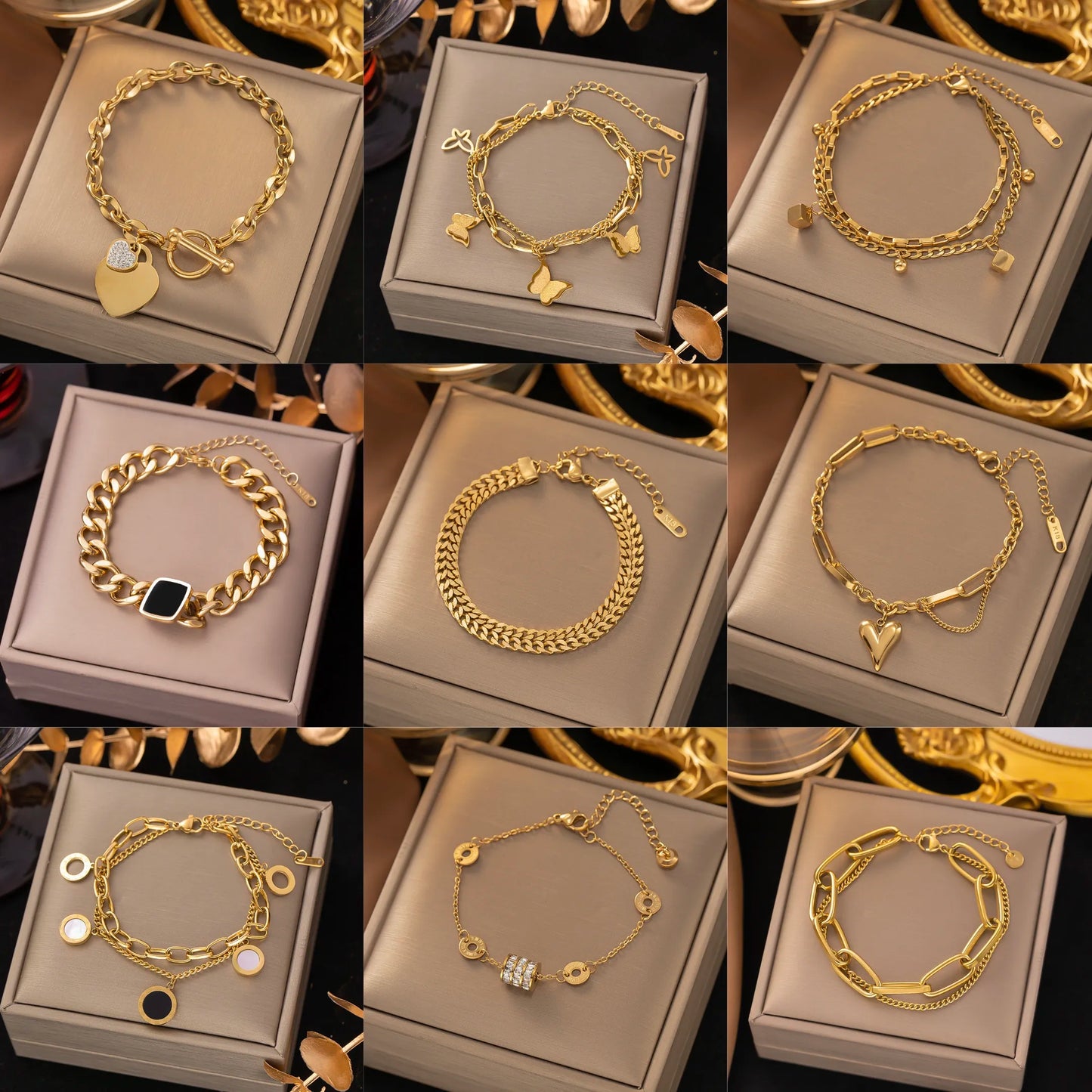 18K Gold Plated Layered Charm Bracelet – Geometric & Bead Accents